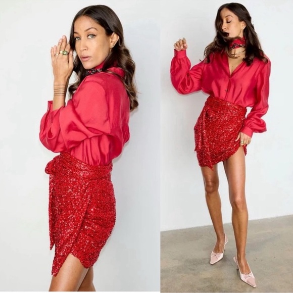 NWT Never Fully Dressed Red Sequin Mini Jaspre Wrap Skirt Sz US 4